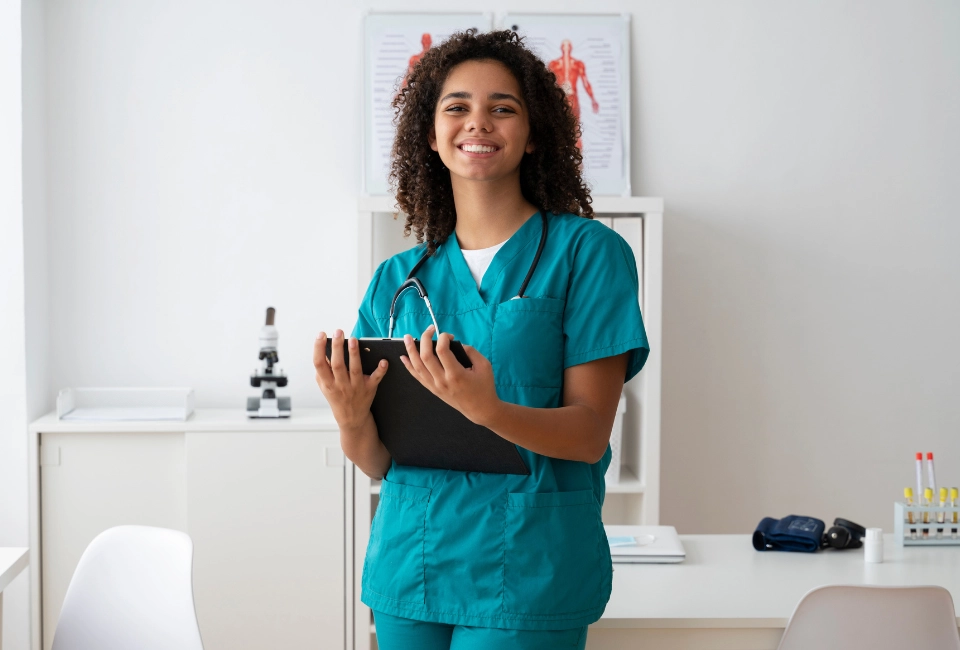 Enfermera sonriente en clínica representando las especialidades de enfermería en España