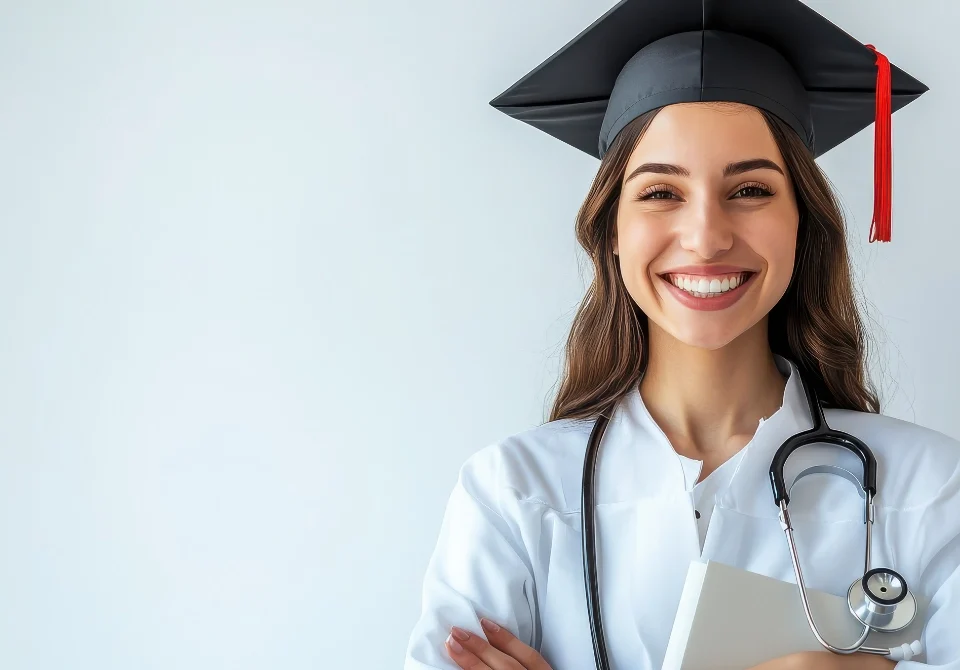 alumna graduada en medica con bata y uniforme clínico en hospital, ilustrando cuántos años de estudio son para ser doctor.
