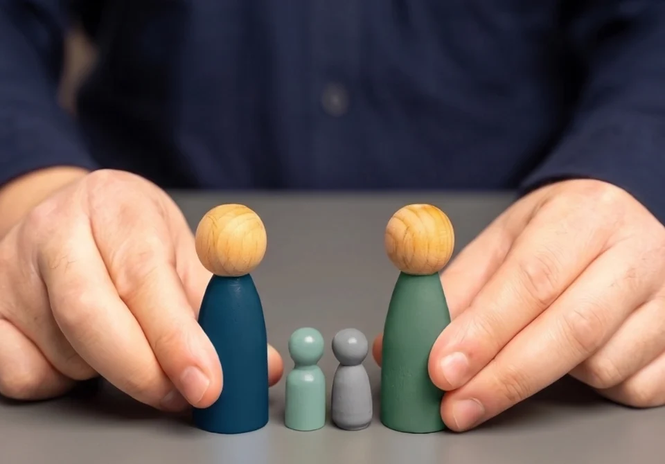 Manos protegiendo cuatro figuras de familia que simbolizan la reagrupación familiar en España con la nueva ley